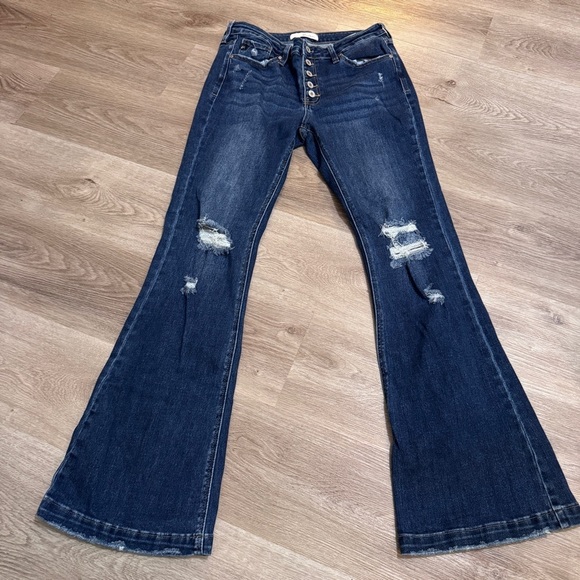 KanCan Harlow Mid Rise Button Fly Flare Jeans Distressed Dark Wash 13 30 - Picture 2 of 7